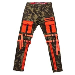 Smugglers Moon Jeans Mens 34x32 Camo Cargo Strap Skater Grunge Punk Stretch
